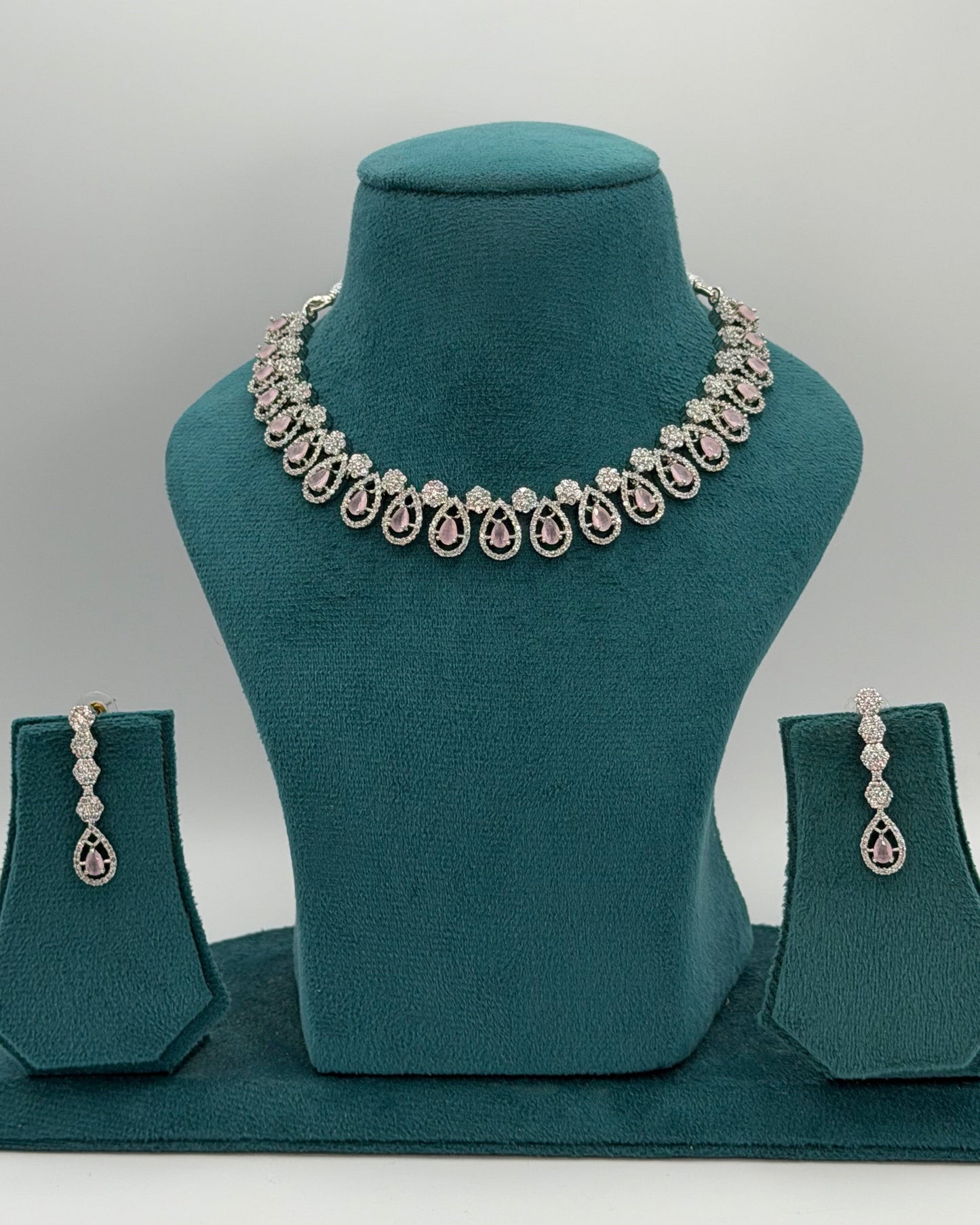 Silver American Diamond pink necklace set