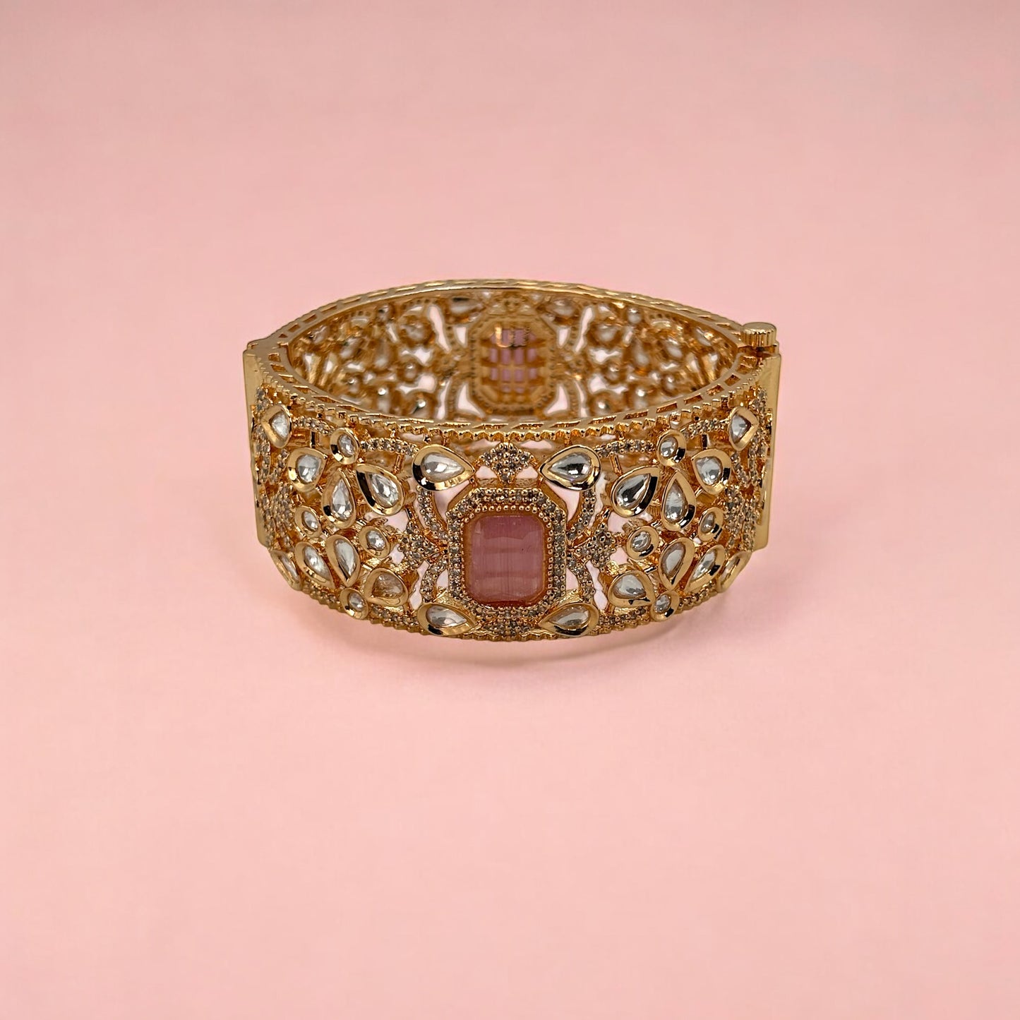 Gold plated kundan broad bracelet