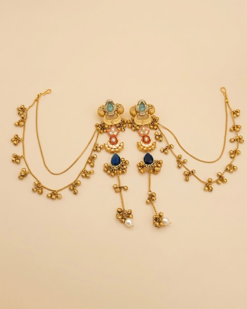 Gold plated long earrings with ear chains