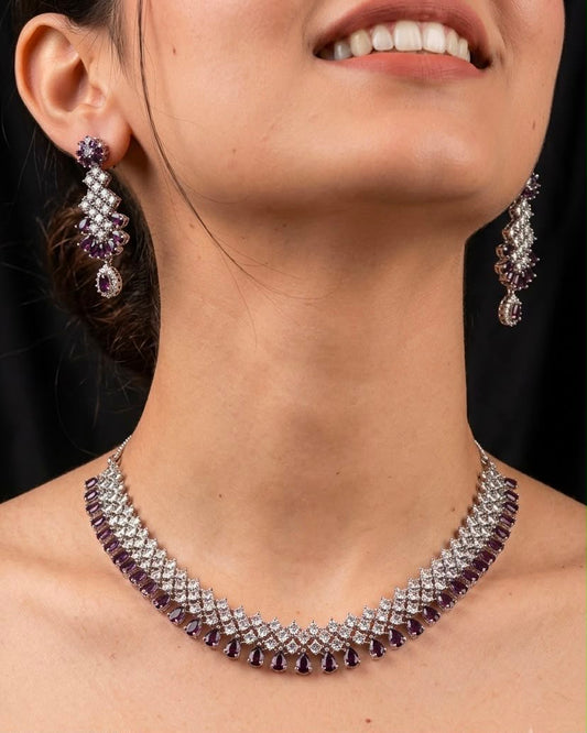 Silver plated purple American Diamond necklace set