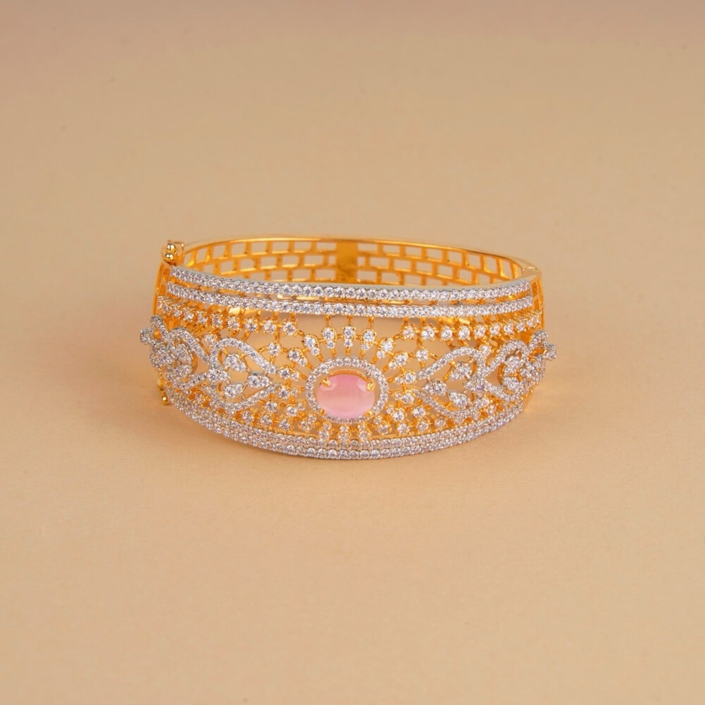 Gold plated pink broad American Diamond bracelet
