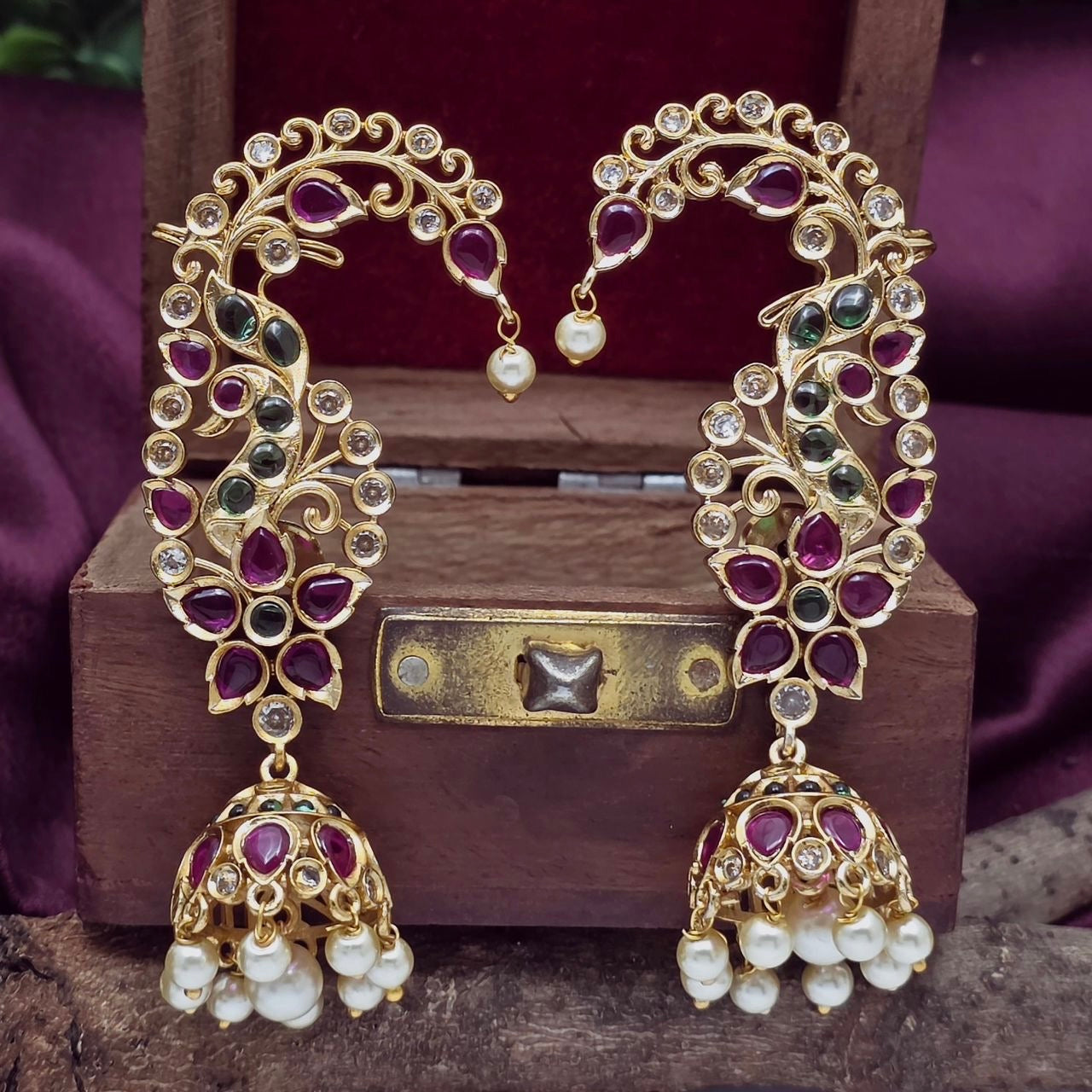 Gold plated jhumki with ear cuffs