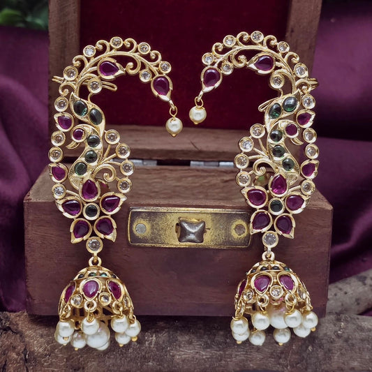 Gold plated jhumki with ear cuffs