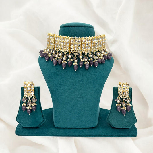Gold plated kundan choker set with grey beads