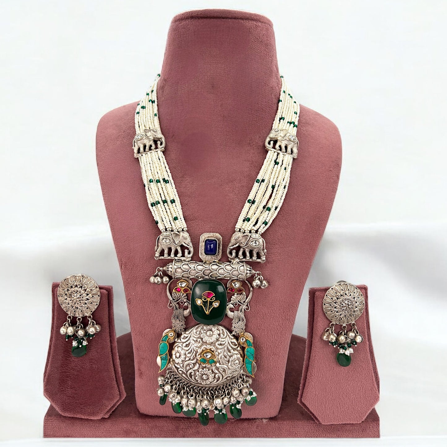 Pachi kundan silver long necklace set