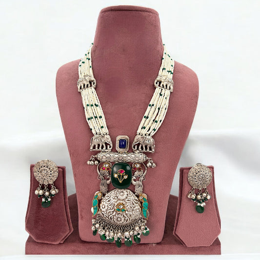 Pachi kundan silver long necklace set