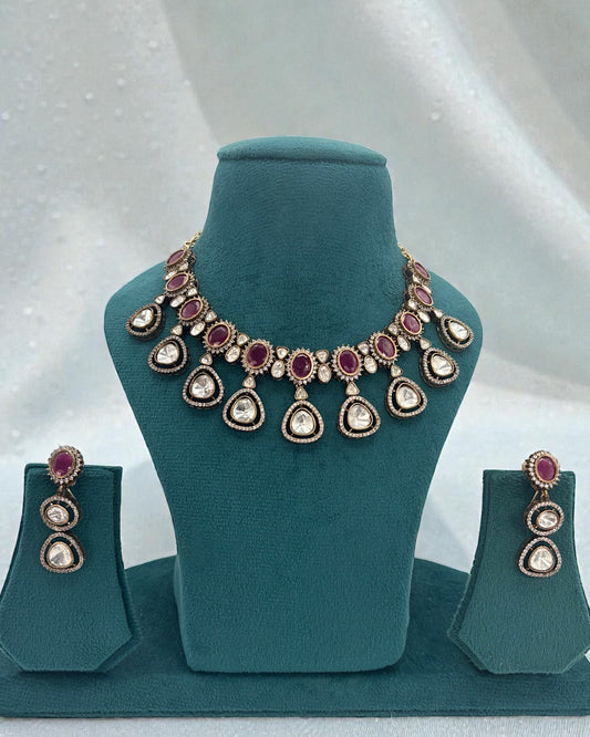 Premium quality moissanite, kundan and ruby stones necklace set with earrings.