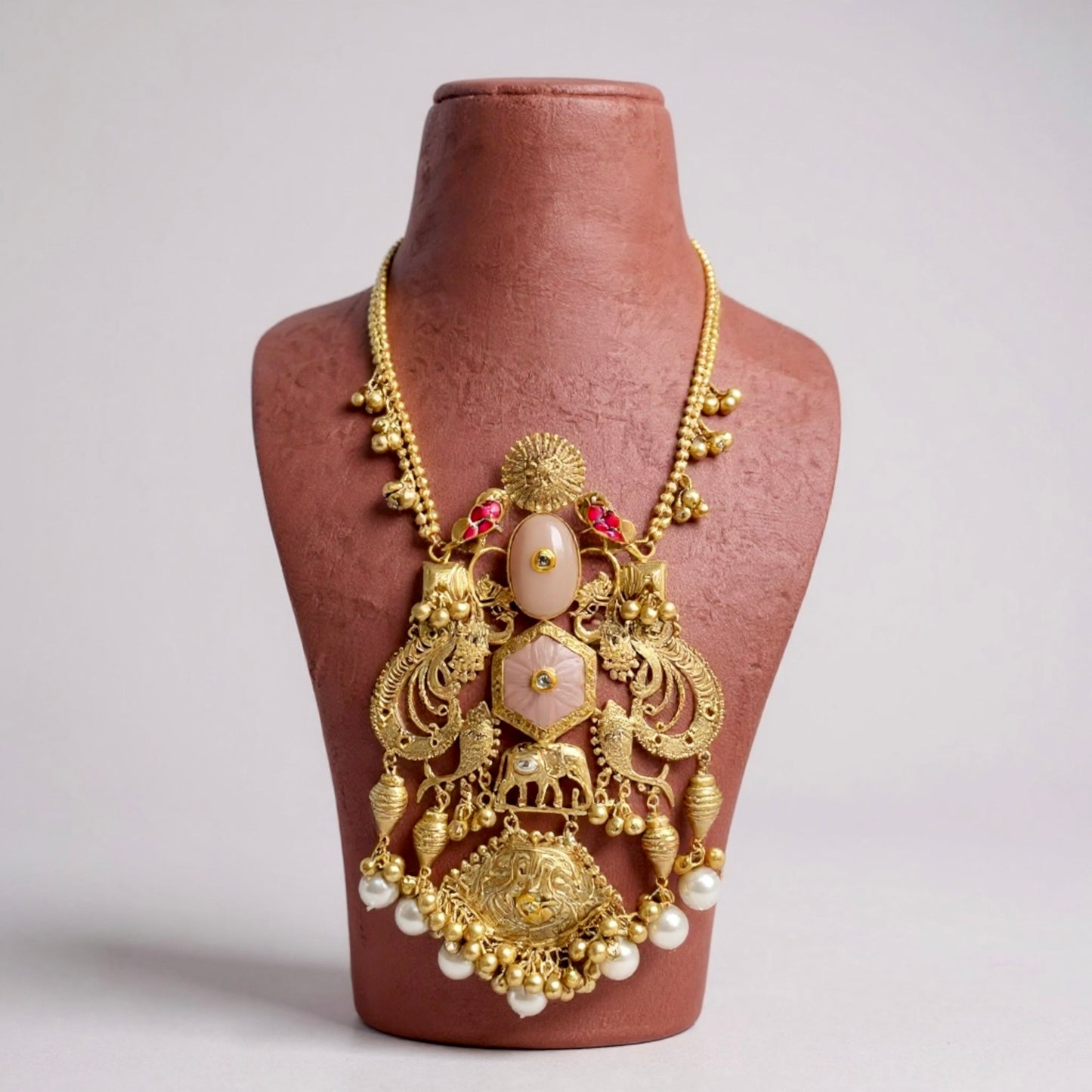 Statement gold plated pachi kundan long chain pendant.