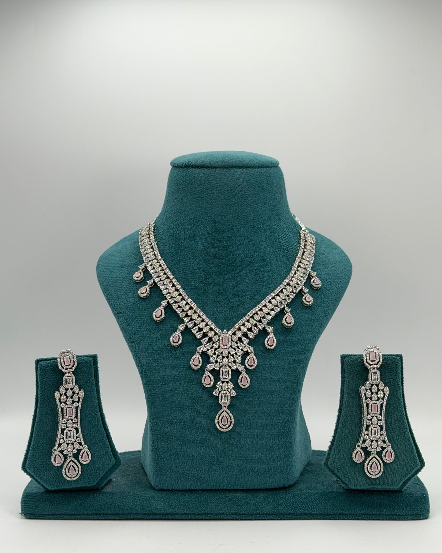 Silver plated American Diamond light pink necklace set