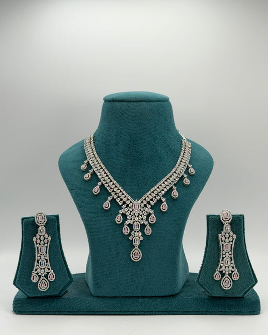 Silver plated American Diamond light pink necklace set