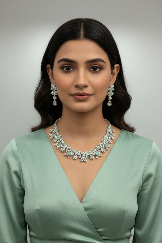 Pastel green American Diamond necklace set with earrings.