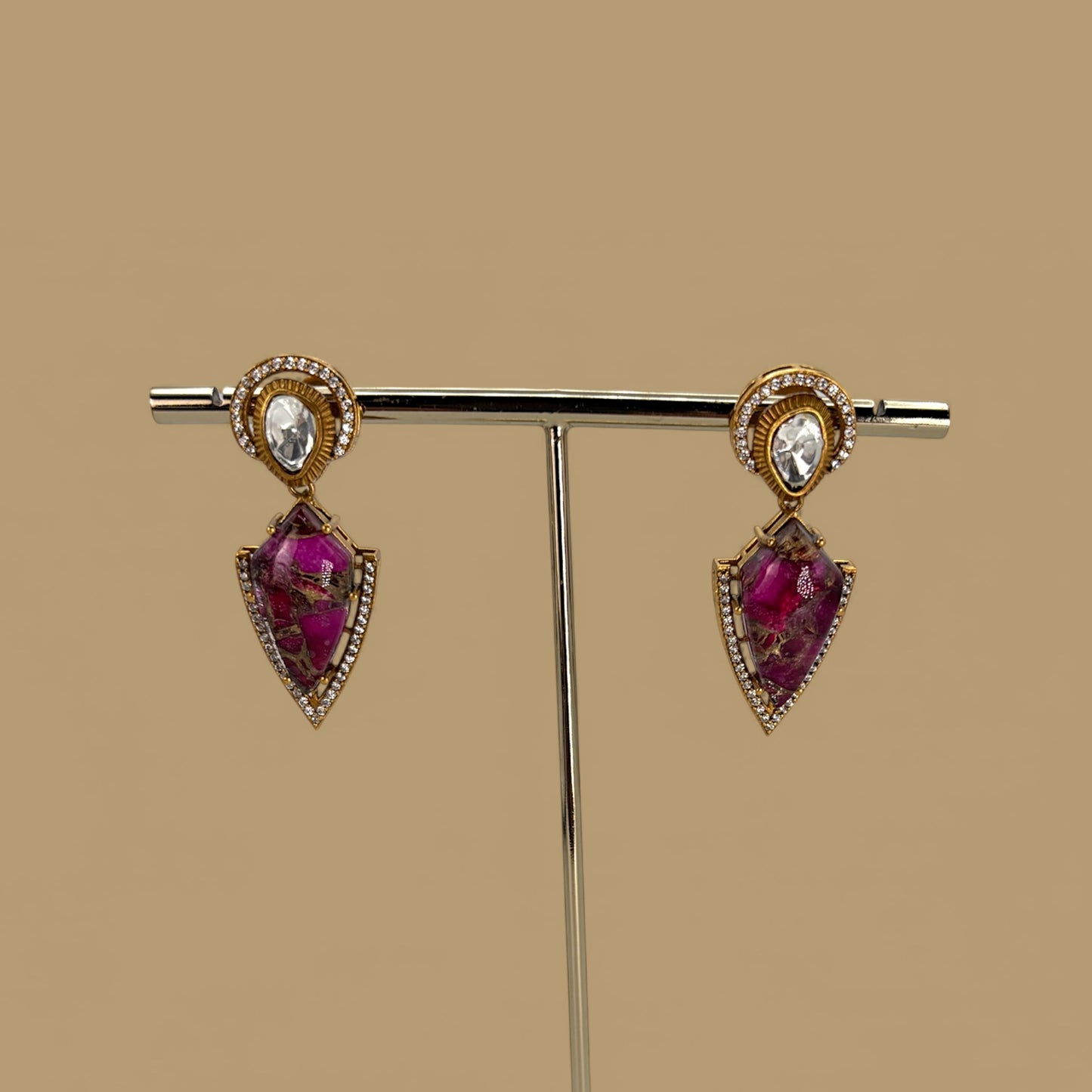 Gold plated kundan dark pink earrings