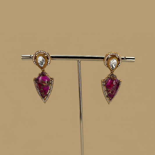 Gold plated kundan dark pink earrings