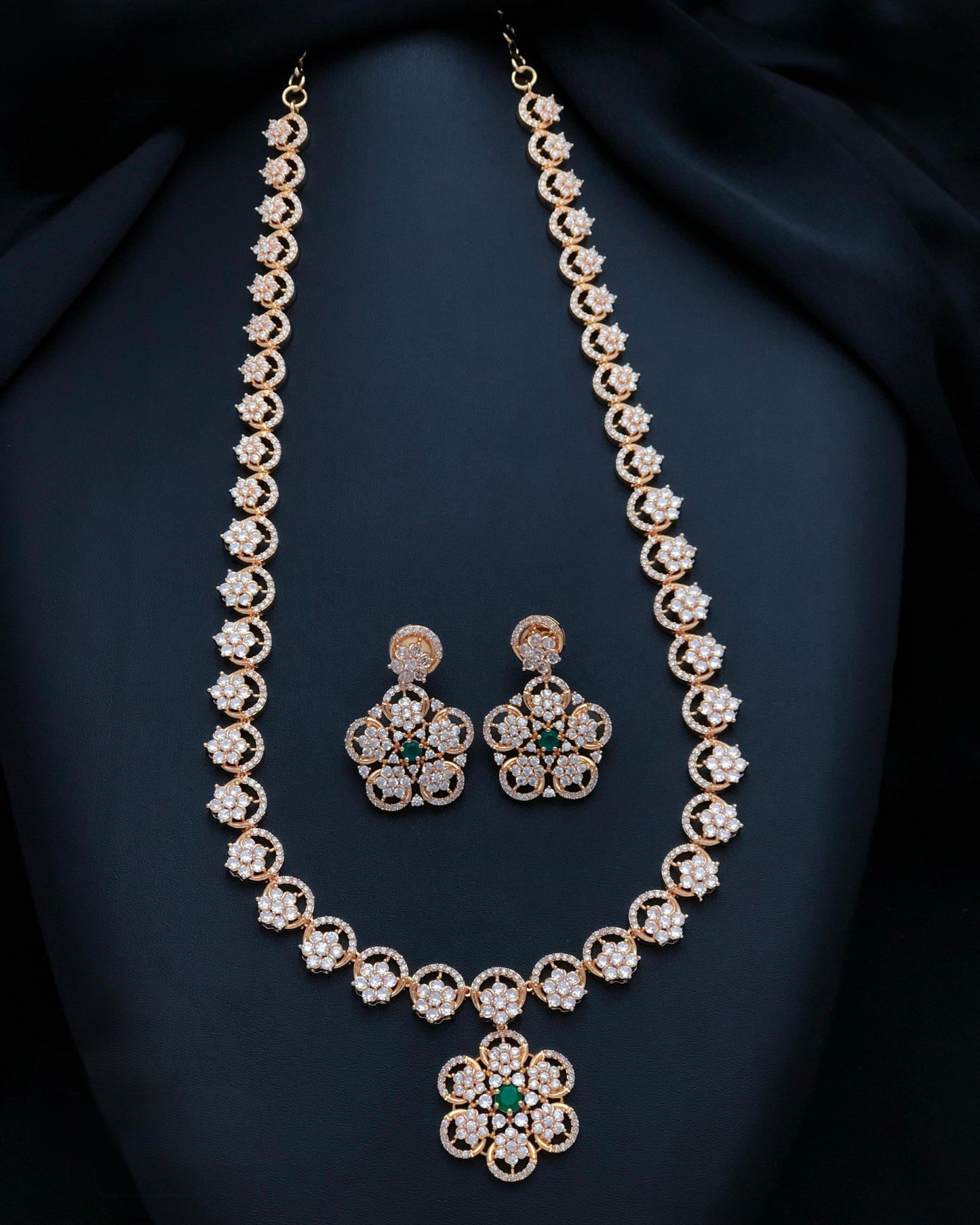 Gold plated American Diamond long necklace set
