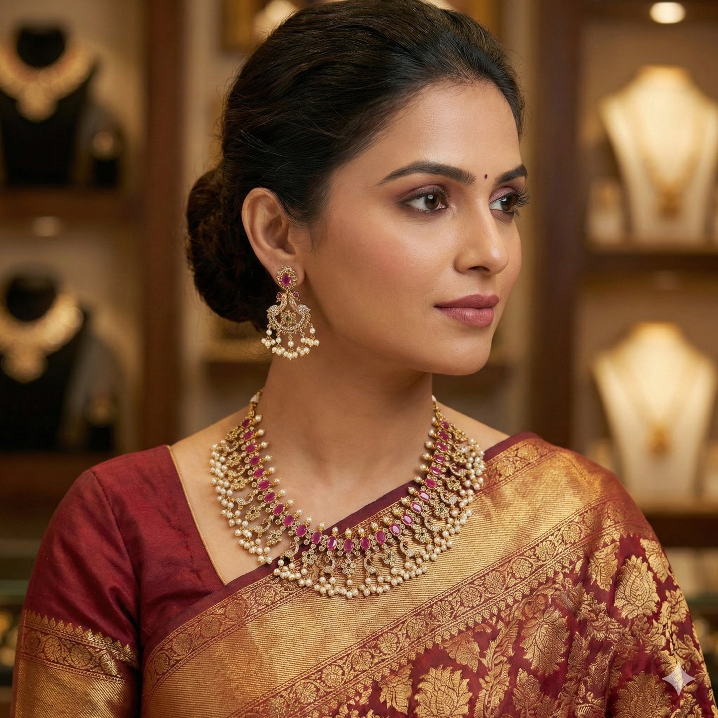 Gold plated necklace set with ruby color stones
