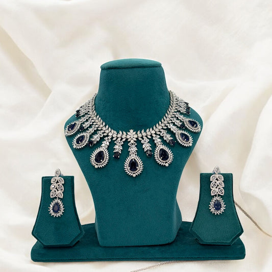 American Diamond silver necklace set with blue stones
