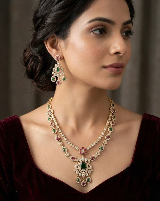 Gold plated two layer American Diamond necklace set