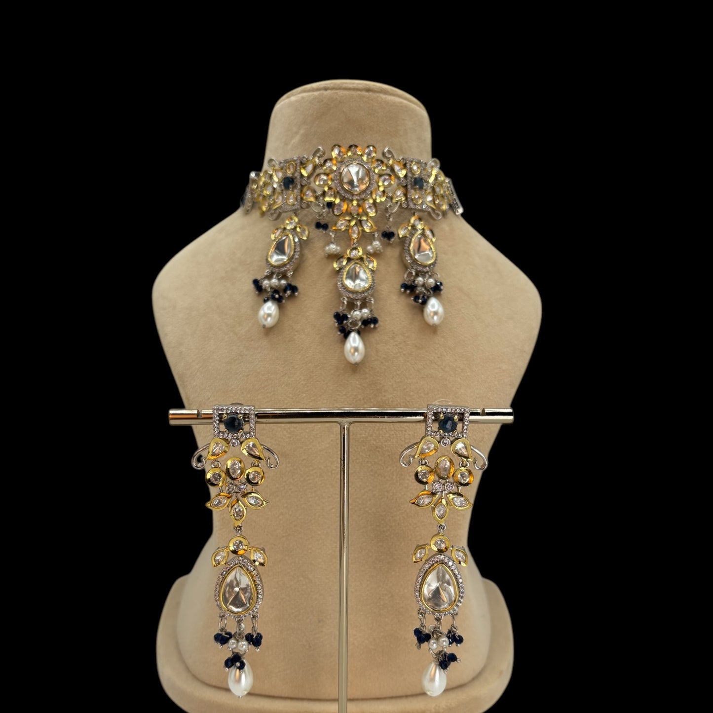 Dual tone designer set with moissanite and big kundan stones