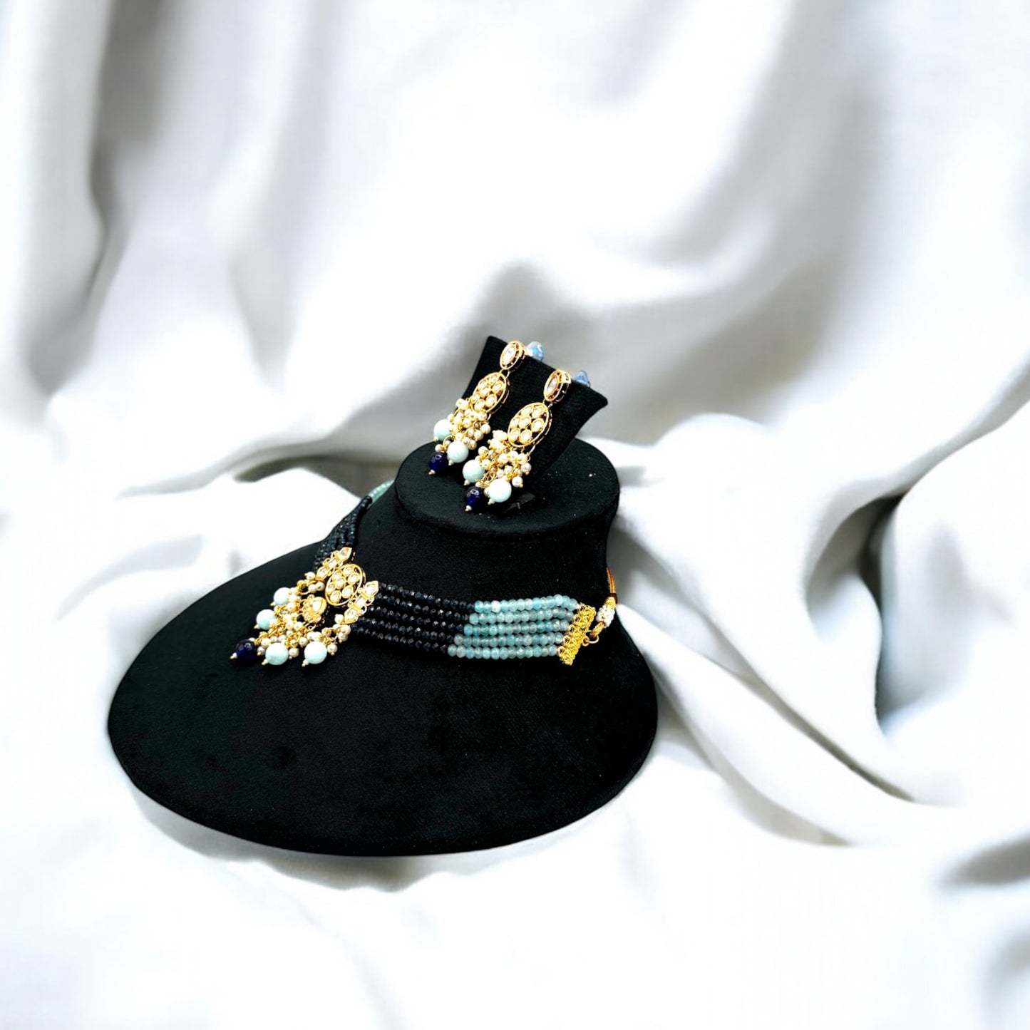 Gold plated kundan choker set with blue beads