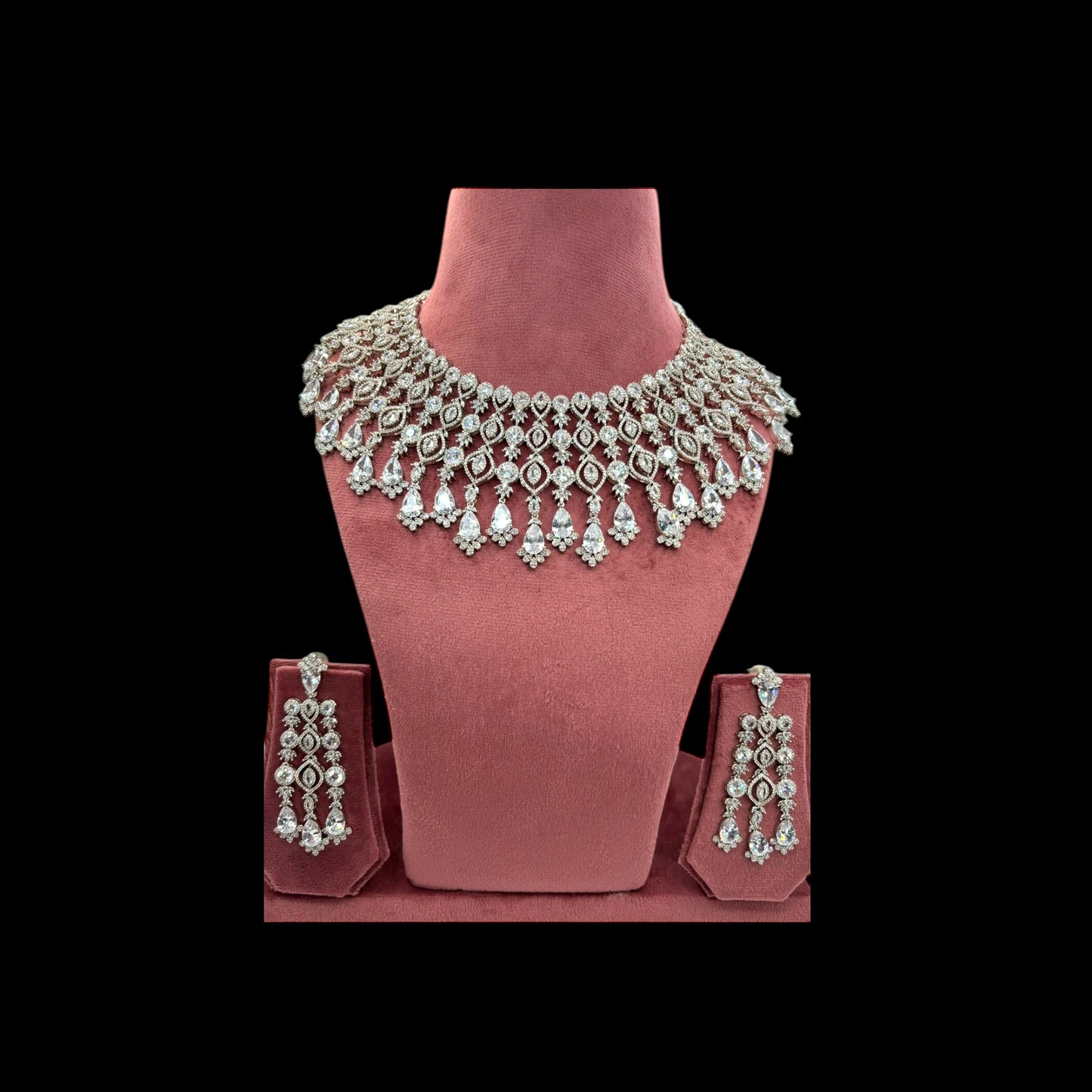 Beautiful designer American Diamond necklace set with rhodium polish.