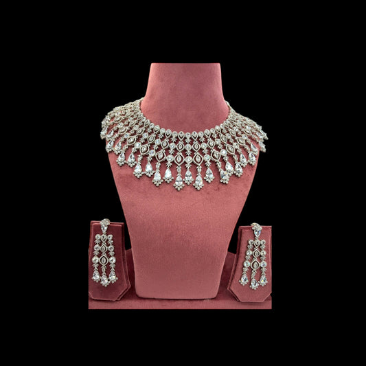 Beautiful designer American Diamond necklace set with rhodium polish.