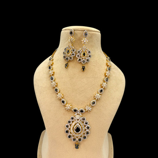 High gold plated American Diamond necklace set with black stones