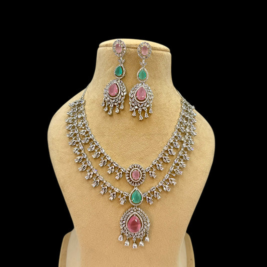 Two layer necklace set with pastel pink and mint green stones