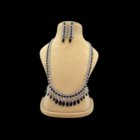 Rhodium plated blue long necklace set with earrings