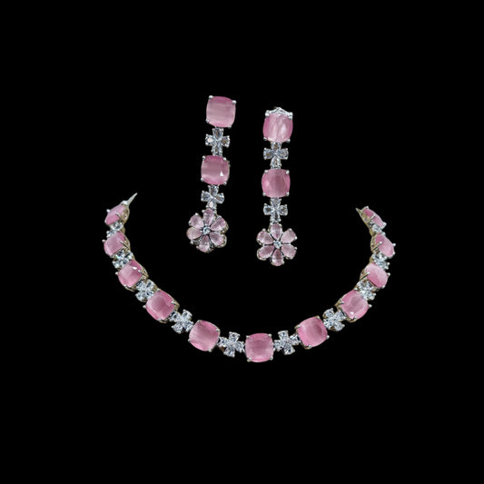 Rhodium plated American Diamond necklace set with earrings.