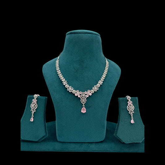 Rhodium plated pink American Diamond necklace set with earrings.