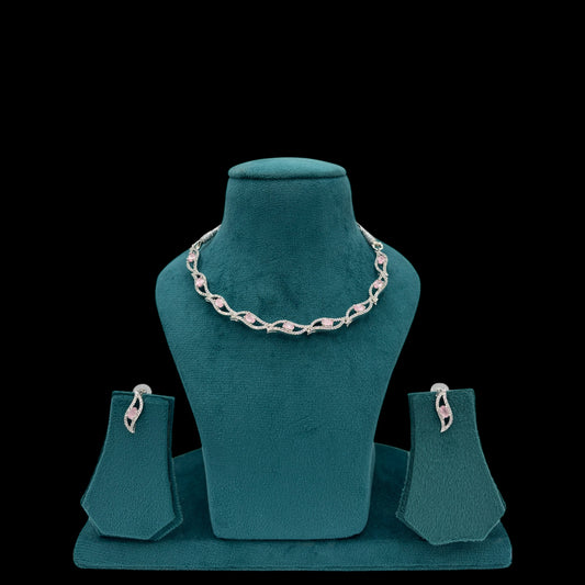 Rhodium plated pink American Diamond necklace set.