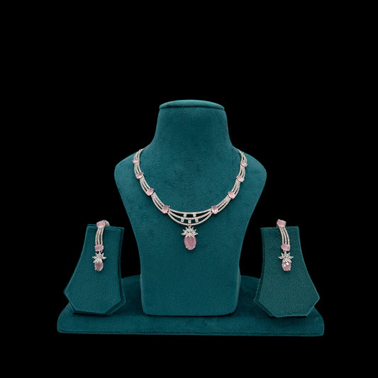 Rhodium plated pink American Diamond necklace set with earrings