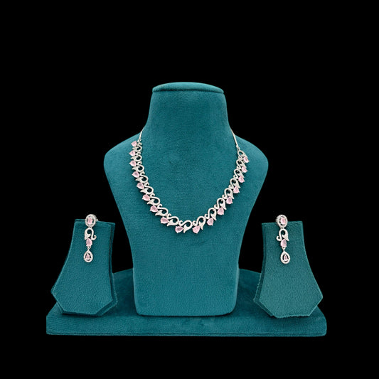 Pink American Diamond necklace set with rhodium polish.