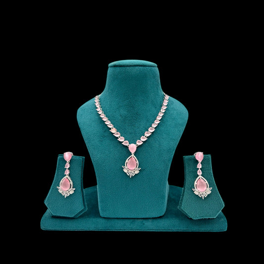 Rhodium plated elegant design American Diamond necklace set with pink stones