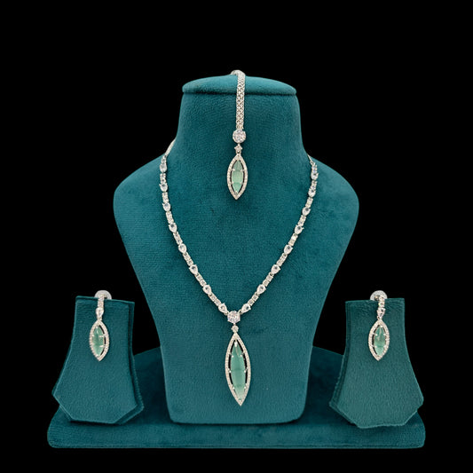 Pastel green American Diamond necklace set with matha tikka