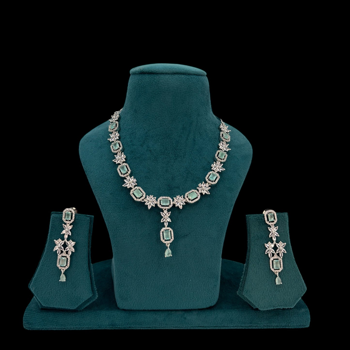 Pastel green American Diamond necklace set with earrings.
