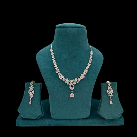 Pastel pink and green American Diamond necklace set with earrings