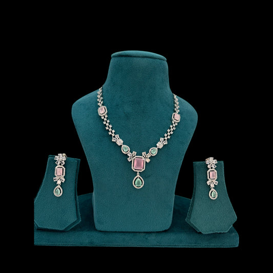 Pastel pink and green American Diamond necklace set with earrings