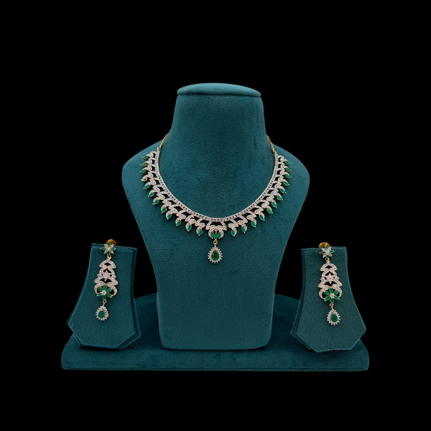 Gold plated emerald green AD necklace set