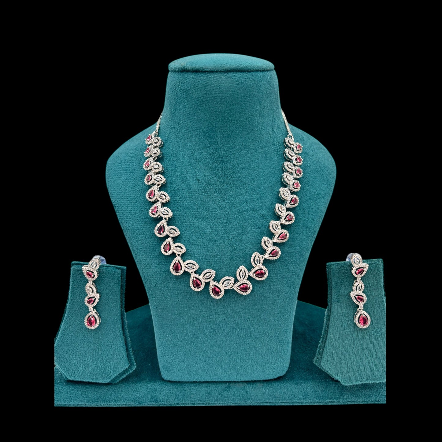 Red/dark pink American Diamond necklace set with earrings