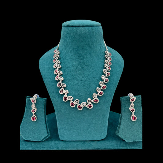 Red/dark pink American Diamond necklace set with earrings