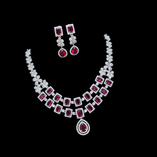 Two layer red colour American Diamond necklace set with earrings