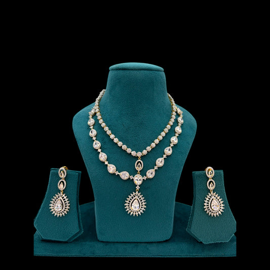 Two layer gold plated American Diamond necklace set with earrings