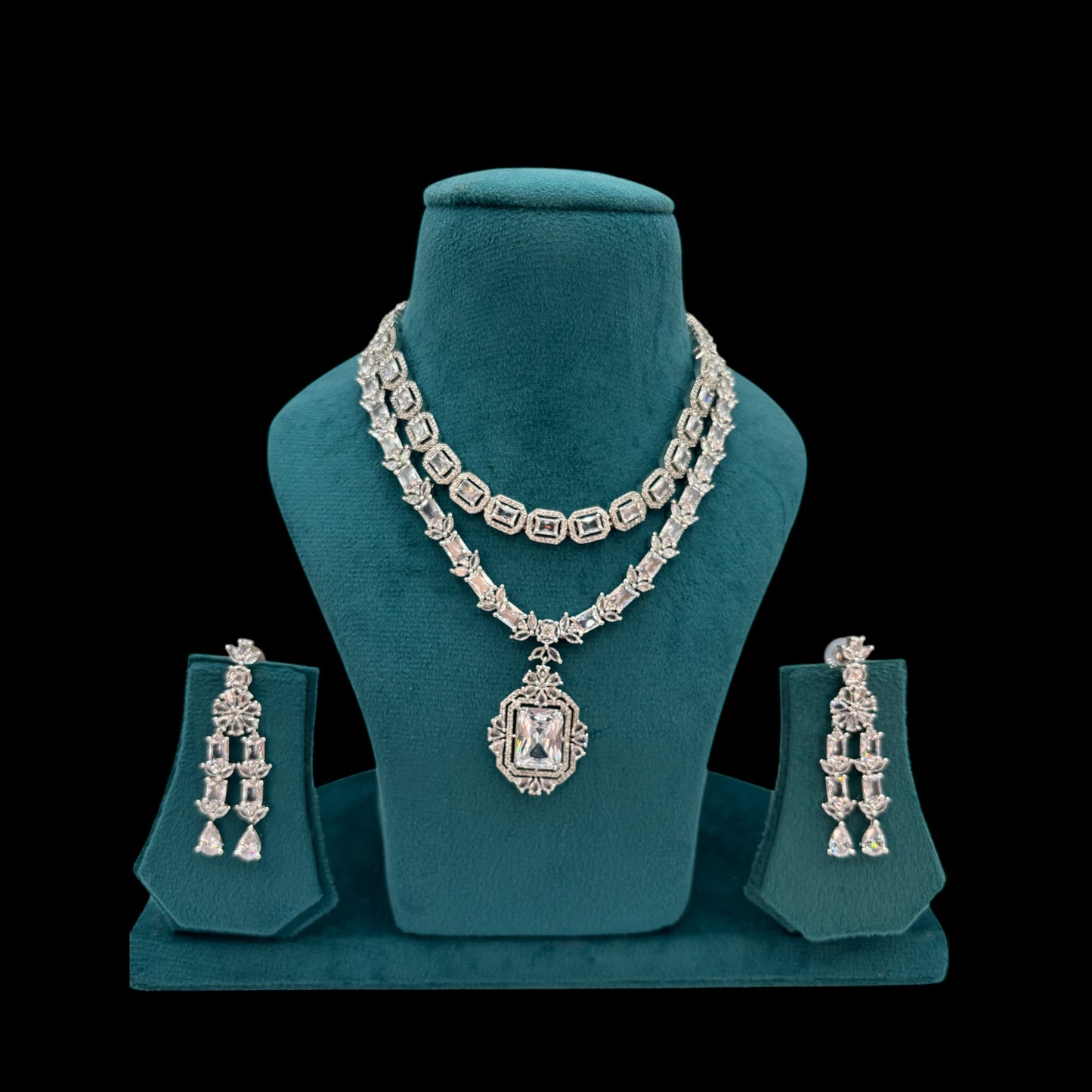 Two layer white American Diamond necklace set with earrings