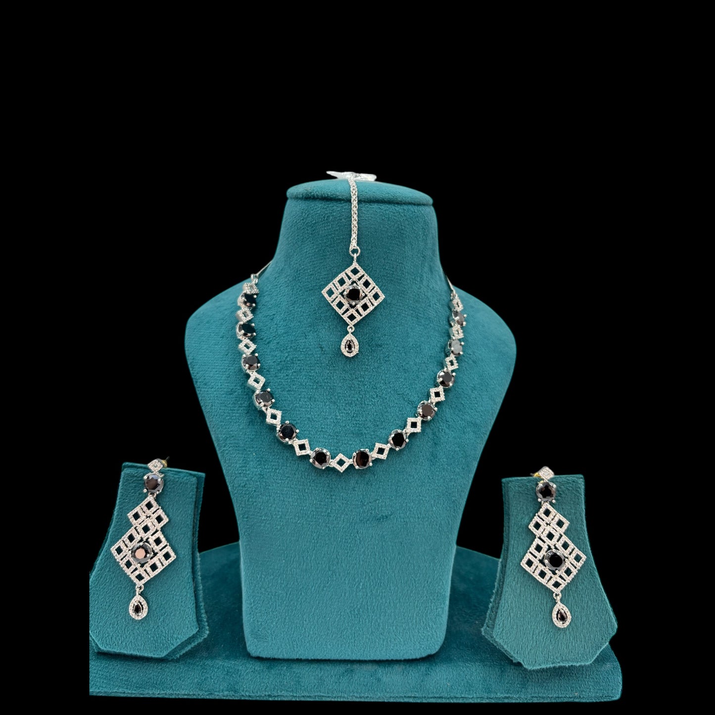 AD black stone necklace set with earrings and mang tikka