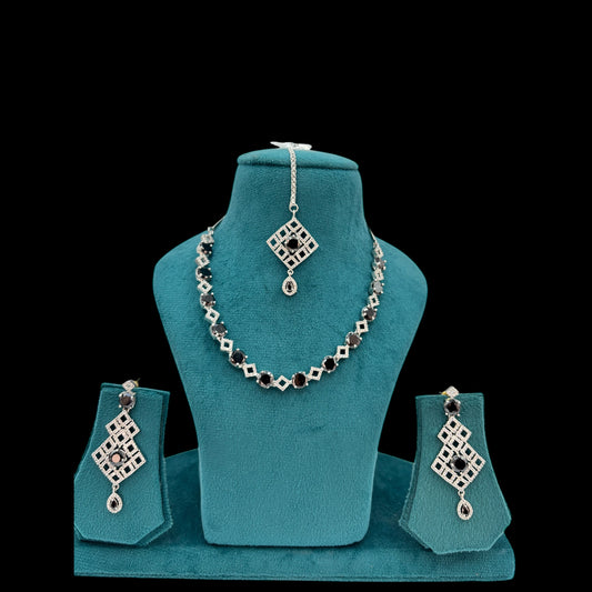 AD black stone necklace set with earrings and mang tikka