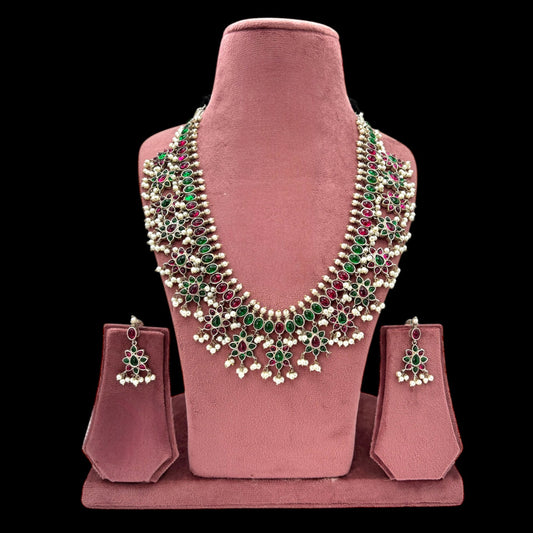 German silver long necklace set with red and green kemp stones.
