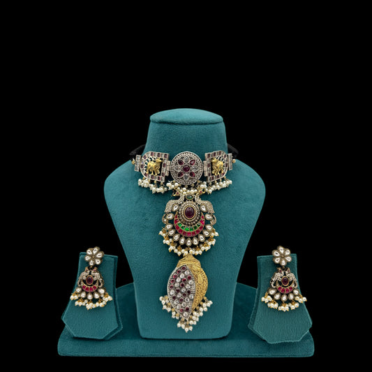 Beautifully crafted German silver long choker set with kundan stones