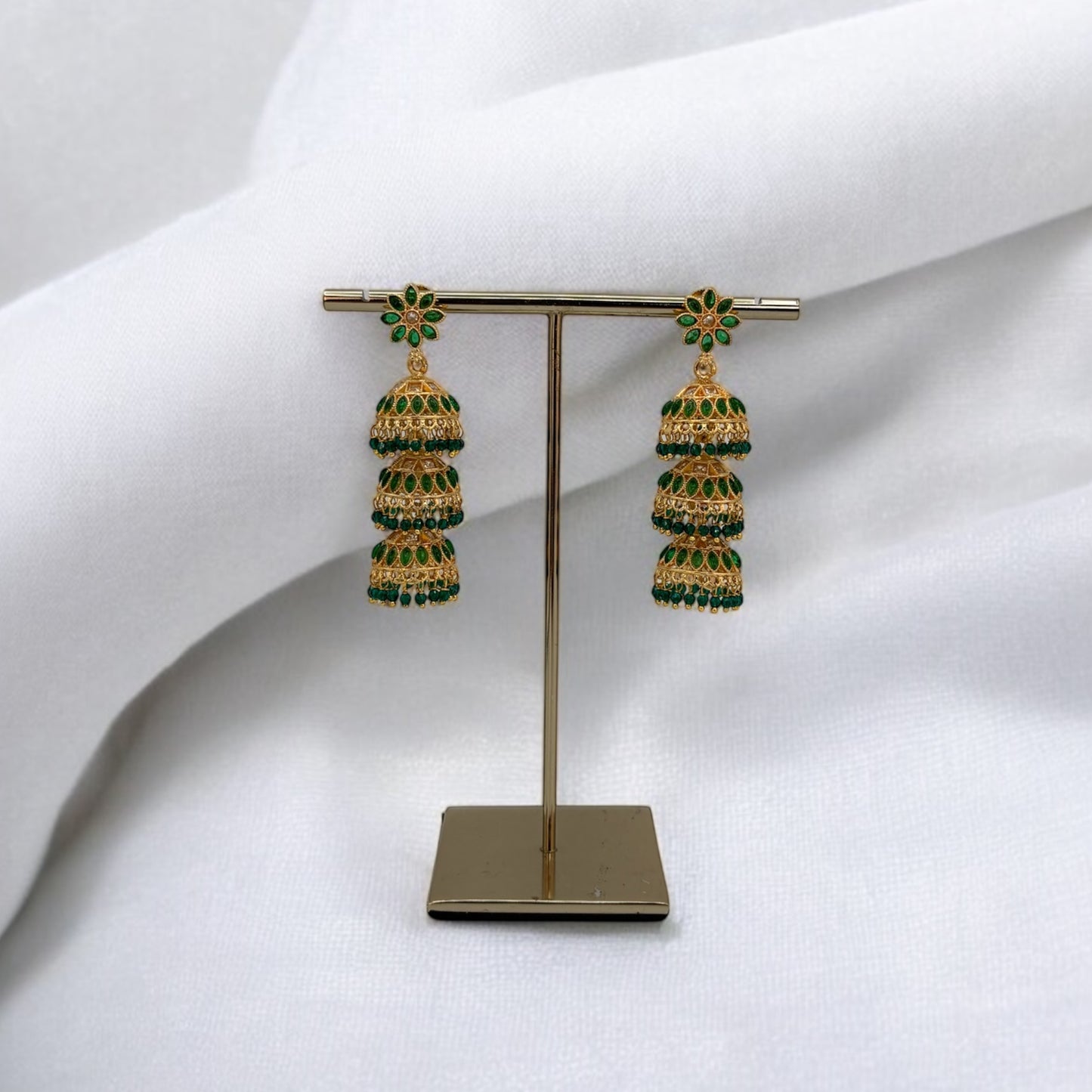 Gold tone three layered jhumki earrings