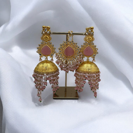 Gold tone stylish jhumkis and maang tikka combo